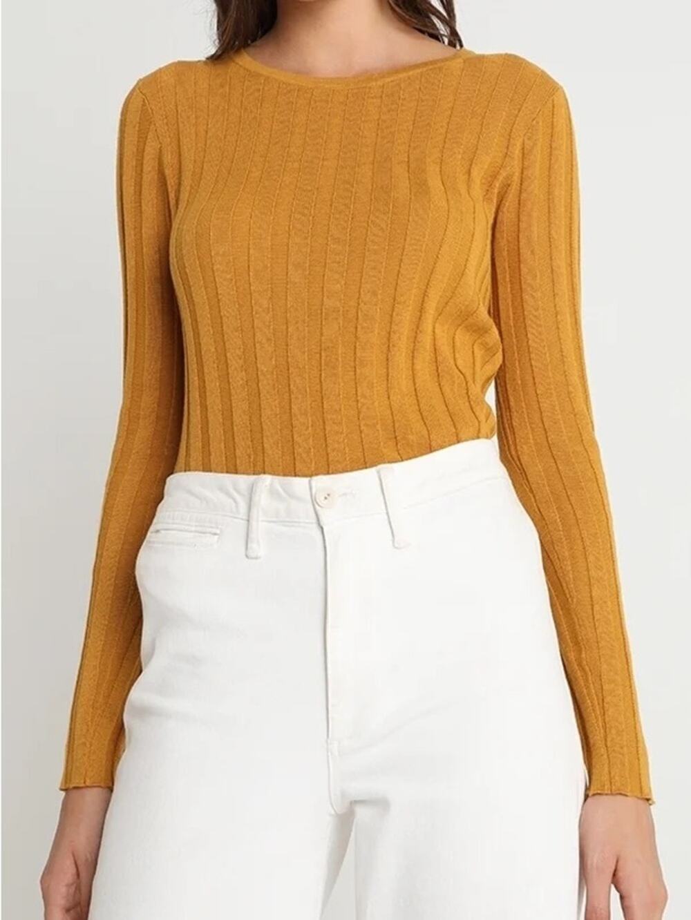 Madewell Crewneck Ribbed Knit Stretchy Lightweight Sweater Gold Mustard Size XS
